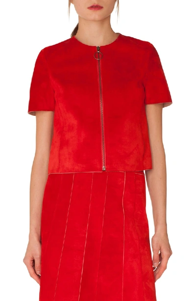 Akris Punto Zip-front Short-sleeve Leather Suede Jacket In Lipstick