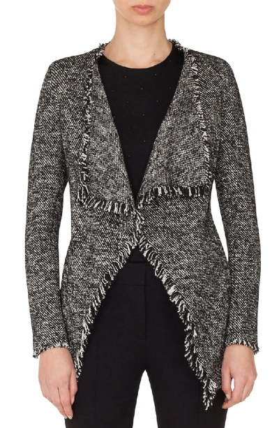 Akris Punto Open-front Long-sleeve Tweed Jacket W/ Fringe Details In Black Cream