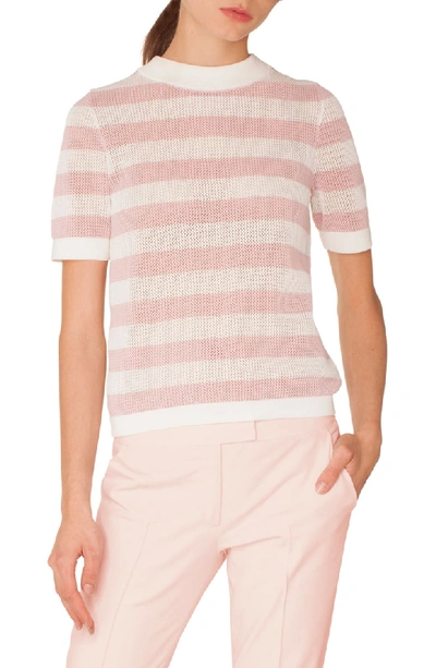 Akris Punto Crewneck Short-sleeve Striped Knit Pullover Top In Rose Pink Cream