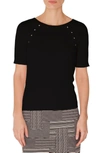 Akris Punto Round-neck Short-sleeve Cotton Knit Top W/ Eyelet Detail In Black