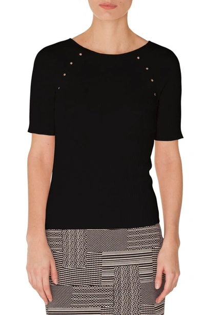 Akris Punto Round-neck Short-sleeve Cotton Knit Top W/ Eyelet Detail In Black