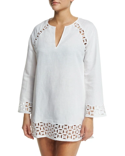 Tory Burch Embroidered Cutout Linen-blend Tunic Coverup In White/white