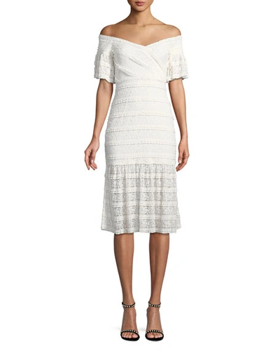 Saylor Stretch Ruffle Lace Midi Dress In Ivory