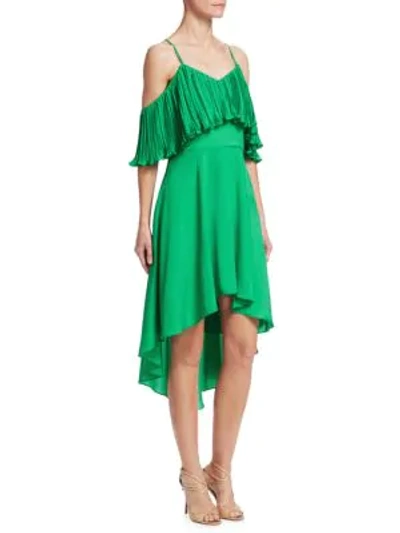 Halston Heritage Cold-shoulder Dress W/ Pleated Flounce Top In Jade