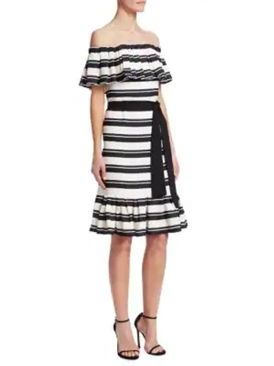 Halston Heritage Off-the-shoulder Striped Dress W/ Tie Waist In Black/ Cream Stripe