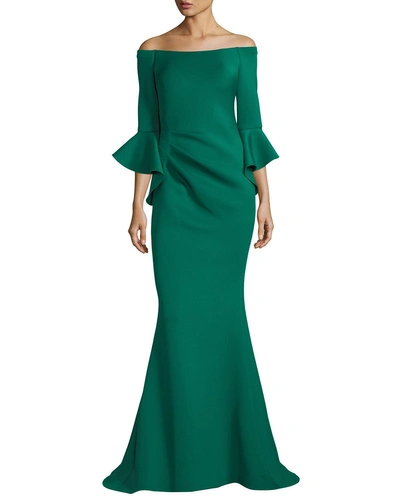 Jovani Off-the-shoulder Trumpet-sleeve Mermaid Gown In Green