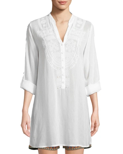 Johnny Was Eyelet-embroidered V-neck Tunic In White