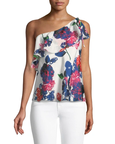 Milly Positano Floral-print Silk One-shoulder Top In Multi