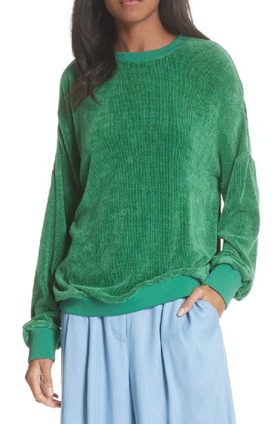 Tibi Chenille Knit Crewneck Long-sleeve Pullover Top In Green