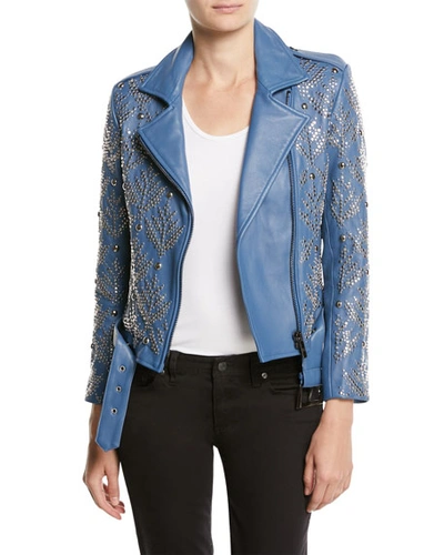 Nour Hammour Mary-jane Zip-front Studded Lamb Leather Moto Jacket In Blue