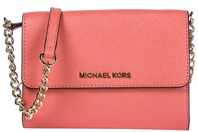 Michael Kors Women's Clutch With Shoulder Strap Handbag Bag Purse  Jet Set Travel Lg Phone Crossbody In Pink