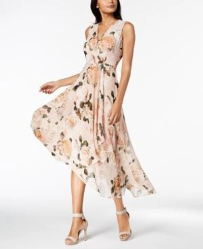 Calvin Klein Printed Chiffon Faux-wrap Dress, Regular & Petite Sizes In Blush Multi
