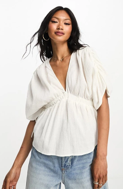 Asos Design Plunge Front Crinkle Top With Tie Side In White-multi
