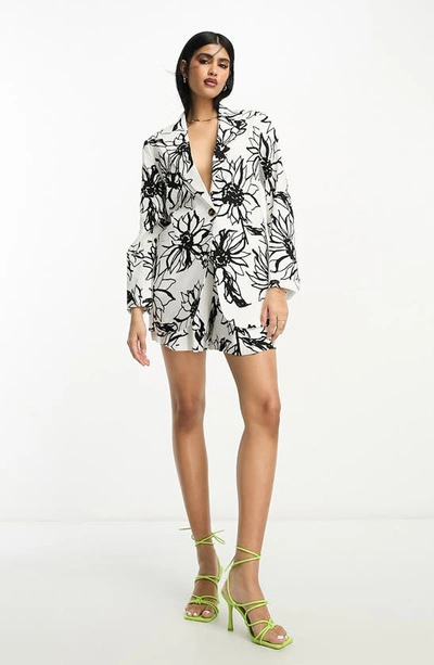 Asos Design Linen Sketchy Floral Slim Fit Suit Blazer In Multi