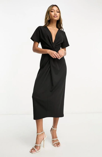 Asos Design Twist Front Midi Dress With Short Sleeve In Black