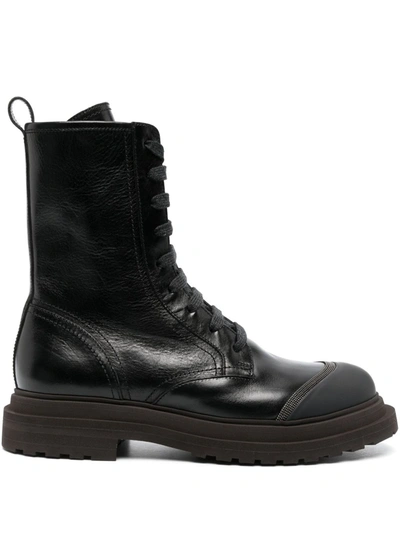 Brunello Cucinelli Black Leather Combat Ankle Boots