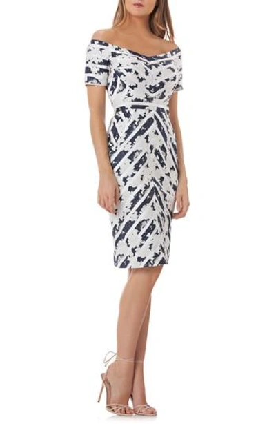 Kay Unger Off The Shoulder Jacquard Sheath Dress In Navy/ White