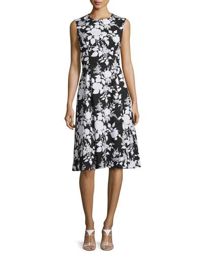 Oscar De La Renta Sleeveless Two-Tone Floral-Print Dress, Black/White ...