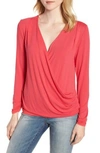 Bobeau Faux Wrap Knit Top In Deep Coral