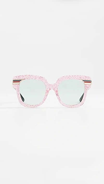 Gucci Metal & Glittered Acetate Square Sylvie Web Sunglasses, Pink