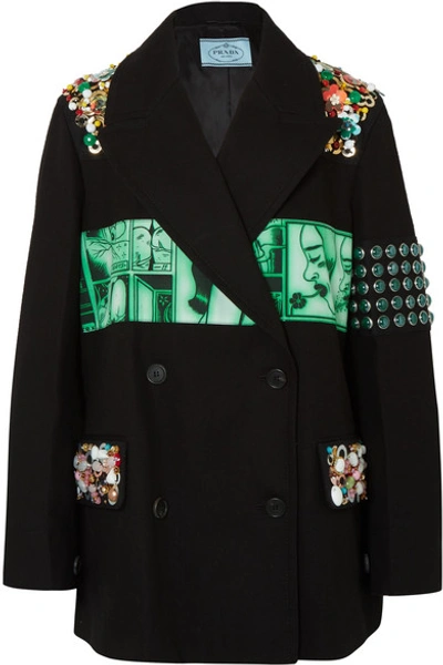 Prada Embellished Printed Cotton-twill Blazer In Black