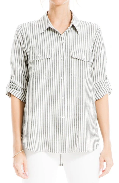 Max Studio Stripe Roll Tab Button-up Utility Shirt In Black Tipping Stripe
