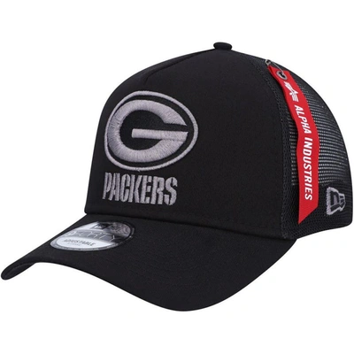 New Era X Alpha Industries Black Green Bay Packers A-frame 9forty Trucker Snapback Hat