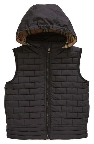 Burberry Kids' Black Quilted Hooded Vest With College-style Logo Print In Nylon Boy