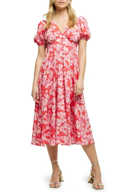 River Island Fleur Floral Puff Sleeve A-line Dress In Red