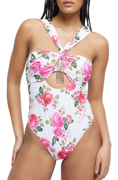 River Island Trimmed Rose Cutout One-piece Swimsuit In White