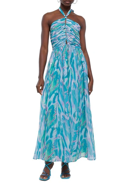 harper halter dress in maxi length River Island Blue Multi Halterneck dress