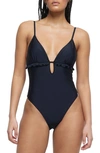 River Island Frill Plunge One-piece Swimsuit In Black