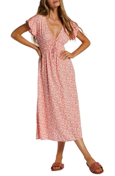 Billabong Picnic Date Floral Shirred Dress In Flamingo