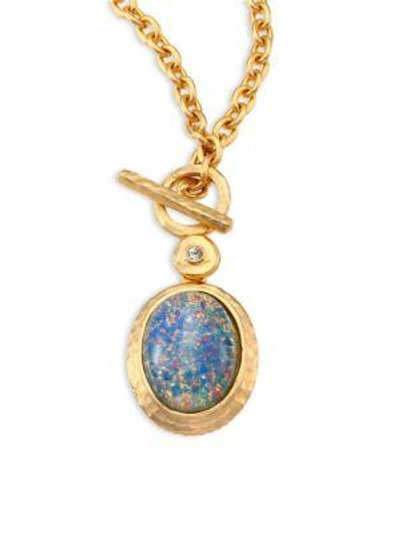 Kenneth Jay Lane Blue Opal & Crystal Toggle Pendant Necklace In Satin Gold