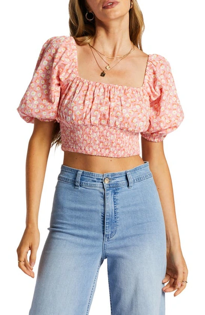 Billabong Only You Floral Puff Sleeve Crop Top In Flamingo