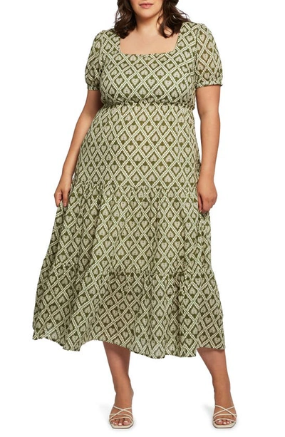 Estelle Heart Print Square Neck Cotton Dress In Green Print