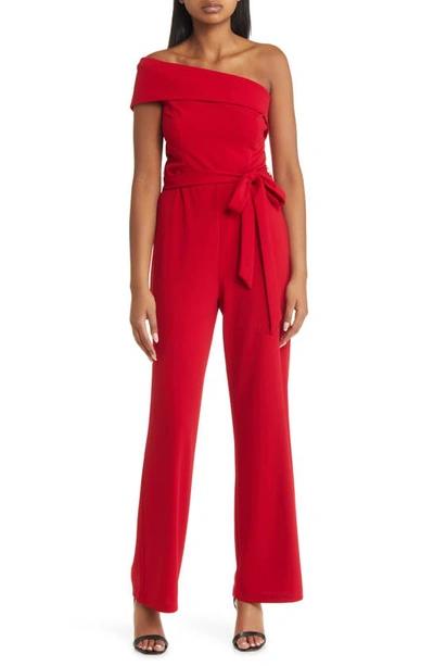 Marina One-shoulder Belted Jumpsuit In Red