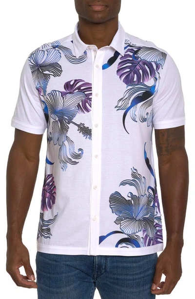 Robert Graham Odessy Leaf Print Cotton Knit Button-up Shirt In White