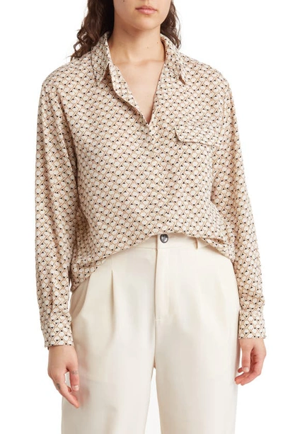 Pleione Satin Button-up Utility Blouse In Ivory Taupe Black Geo