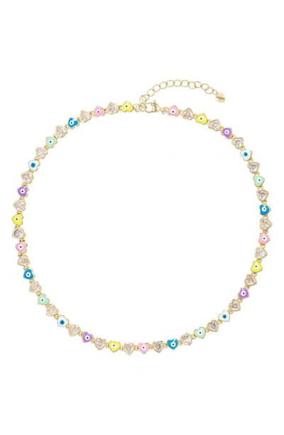 Eye Candy Los Angeles Pastel Rainbow Evil Eye & Crystal Heart Necklace In Gold
