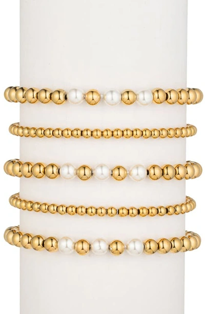 Eye Candy Los Angeles Set Of Five Titanium & Imitation Pearl Stretch Bracelets In Gold