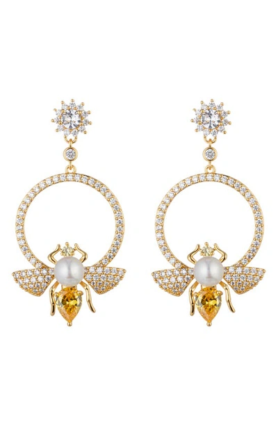 Eye Candy Los Angeles Bee Imitation Pearl & Cz Drop Earrings In Gold