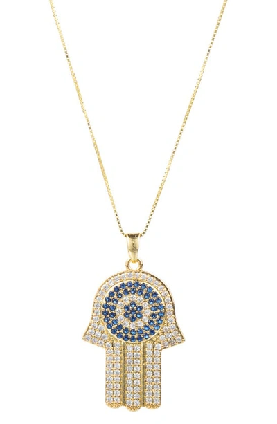 Eye Candy Los Angeles Blue Cubic Zirconia Hamsa Pendant Necklace In Gold