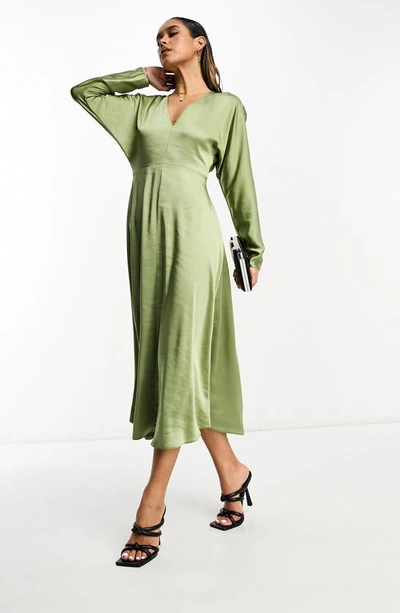 Asos Design Satin V-neck Long Sleeve Midi Dress In Khaki-green