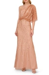 Adrianna Papell Beaded One-shoulder Gown In Terracotta