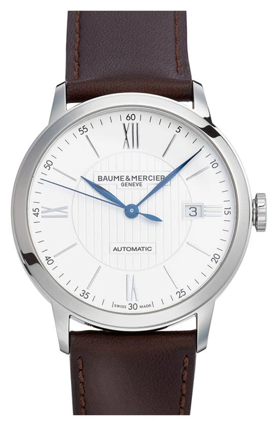Baume & Mercier Classima Automatic Leather Strap Watch, 40mm In Silveroloured Opaline