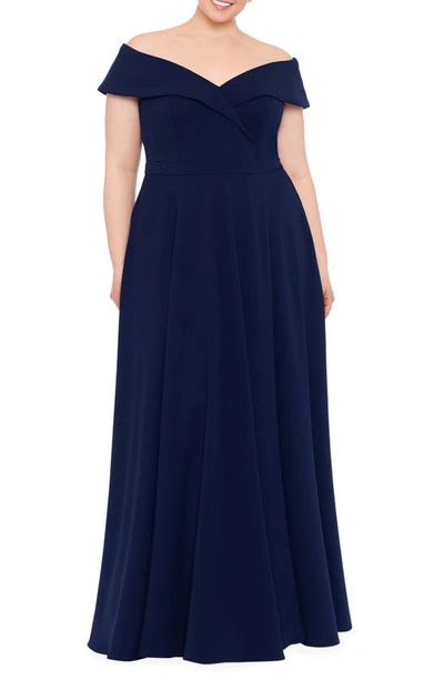 Xscape Off The Shoulder Scuba Crepe Gown In Navy