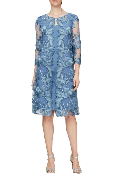 Alex Evenings Embroidered Lace Mock Jacket Cocktail Dress In Vintage Blue