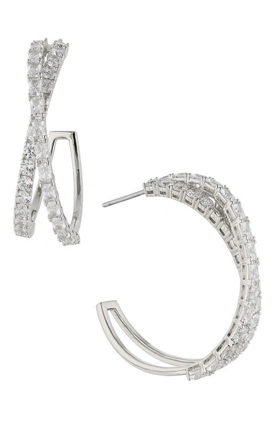 Nadri Isle Cubic Zirconia Crossed Hoop Earrings In Rhodium