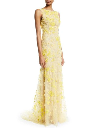 Monique Lhuillier Sleeveless Floral-embroidered Tulle Trumpet Evening Gown In Yellow